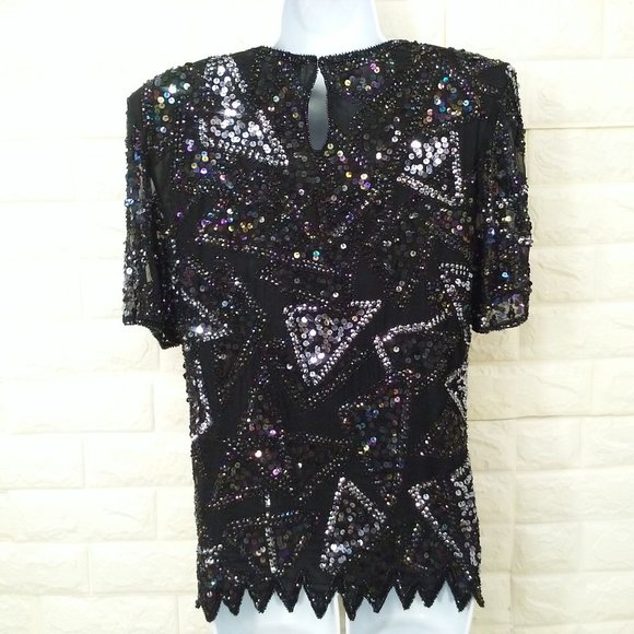 Vintage 80s Silk Sequin Beaded Crew-T Top Lady-M Keyhole SSL Bling Glam Metallic - Picture 8 of 10